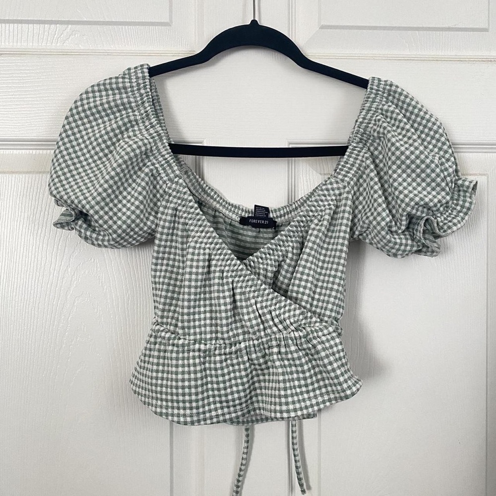Forever 21 Sage Gingham Puff Sleeve Wrap Top